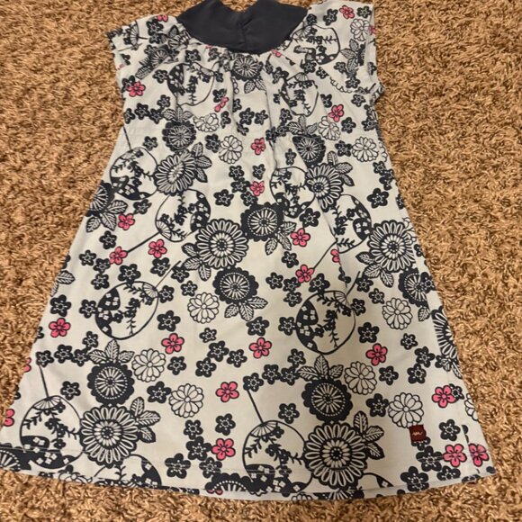 Tea Collection Floral Print Dress 4 Blue Short Sleeve 100% Cotton Gathered Waist - Picture 3 of 3